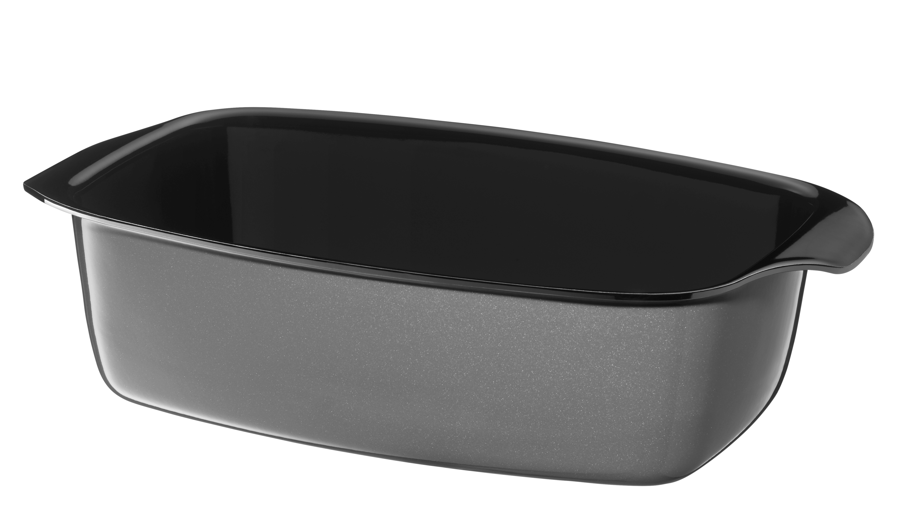 Auf dem Bild ist eine schwarze, rechteckige Backform zu sehen. Sie hat abgerundete Ecken und leicht ausgestellte Griffe an den Seiten.