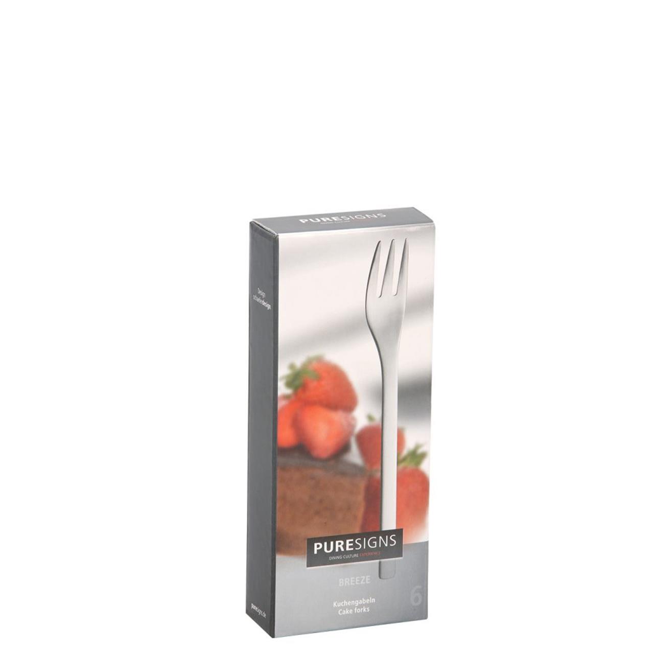 Die Abbildung zeigt eine Verpackung mit sechs Kuchengabeln der Marke Puresigns. Auf der Vorderseite der Verpackung ist eine Gabel sowie ein Stück Kuchen mit Erdbeeren zu sehen.
