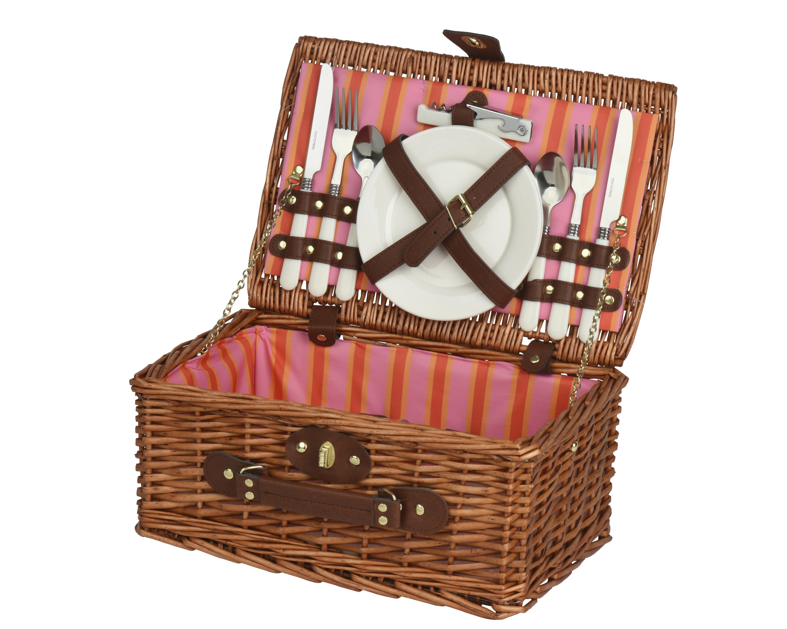Picknick-Set aus Korbmaterial in Pink oder anderen Farben. Das Bild stellt das Set komplett dar.
