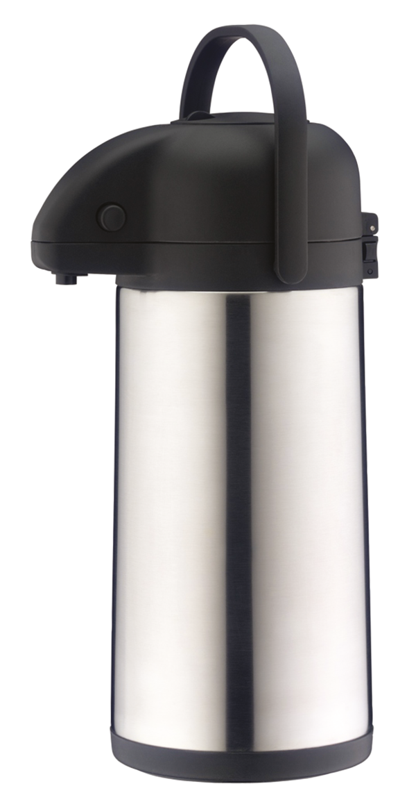 Das Bild zeigt eine silberne Thermoskanne mit einem schwarzen Deckel und Griff. Sie wird oft verwendet, um Getränke heiß oder kalt zu halten.