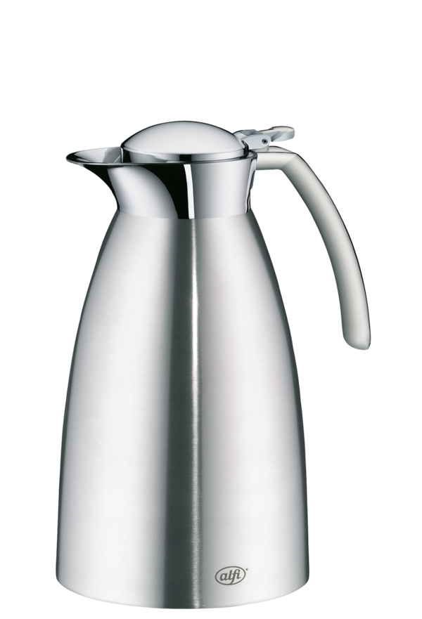 Auf dem Bild ist eine silberne Thermoskanne mit einem Griff zu sehen. Die Kanne hat ein elegantes, modernes Design und ist aus Metall gefertigt.