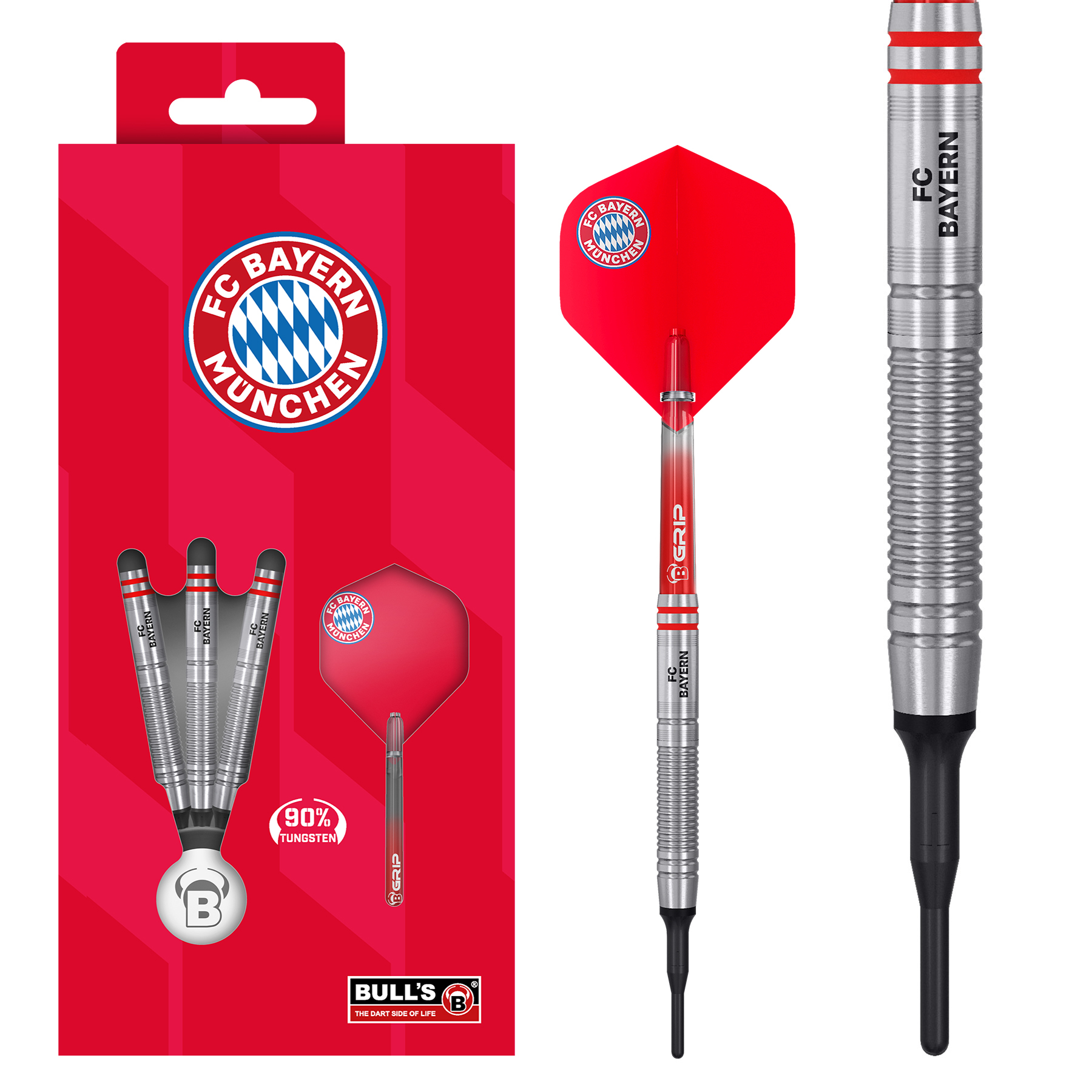 Auf dem Foto sieht man den BULL'S® FC Bayern München Tgst. Soft Dart 21 Gr. Das hochwertige Design spricht Fans an.