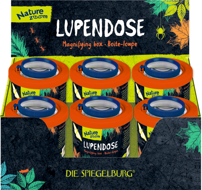 Hier wird die Nature Zoom - Lupendose (rund) dargestellt. Sie ist rund und verfügt über eine eingebaute Lupe am Deckel.