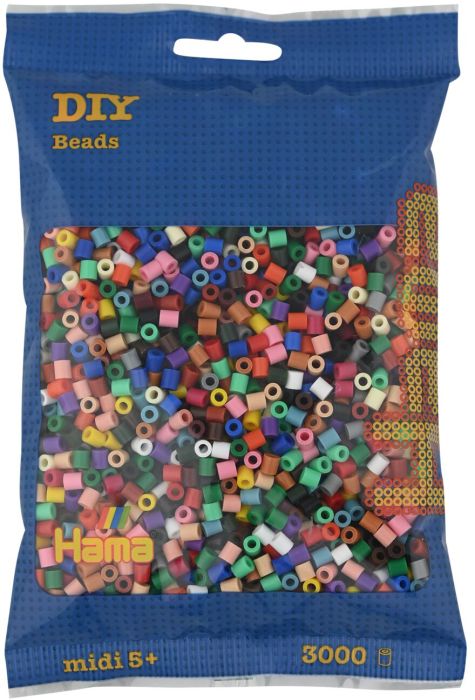 Auf dem Bild ist eine Packung mit bunten Bastelperlen der Marke Hama zu sehen. Die Packung enthält 3000 Stück in verschiedenen Farben.