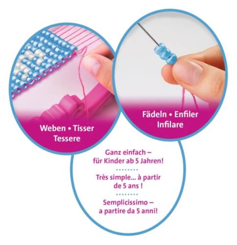 Das Bild zeigt, wie Perlen auf einen Faden gefädelt und auf einem Webrahmen verarbeitet werden. Es ist für Kinder ab 5 Jahren geeignet und sehr einfach zu benutzen.