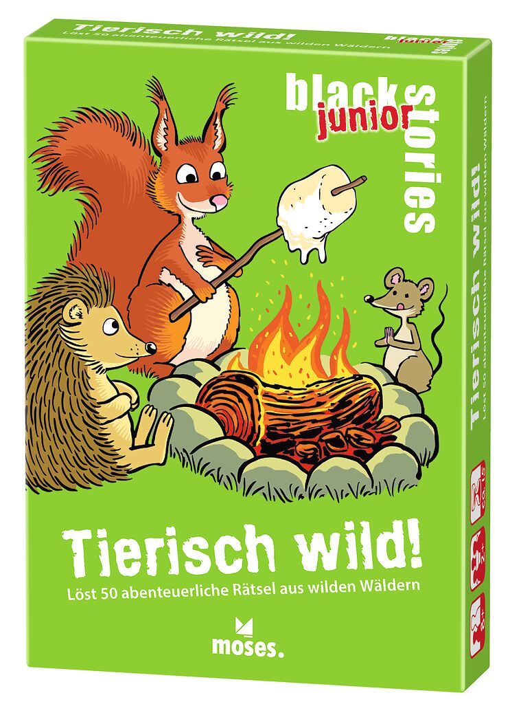 Gezeigt wird das Cover zu 'Black Stories Junior - Tierisch wild!'. Es ist ein spannendes Rätselspiel für Kinder.
