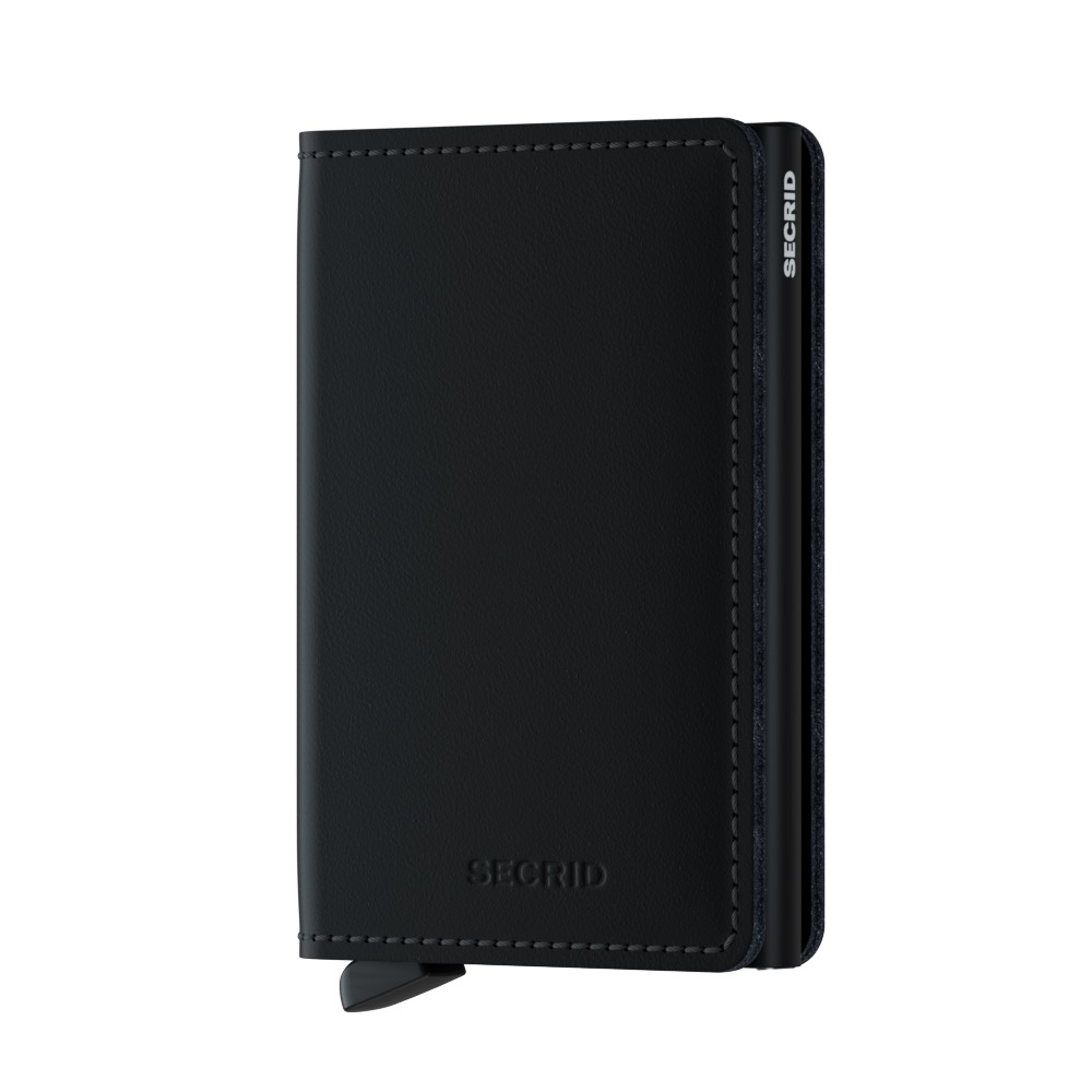 Das Bild zeigt das Produkt "Slimwallet Matte Black". Es ist ein schlankes, schwarzes Portemonnaie mit schlichtem Design.