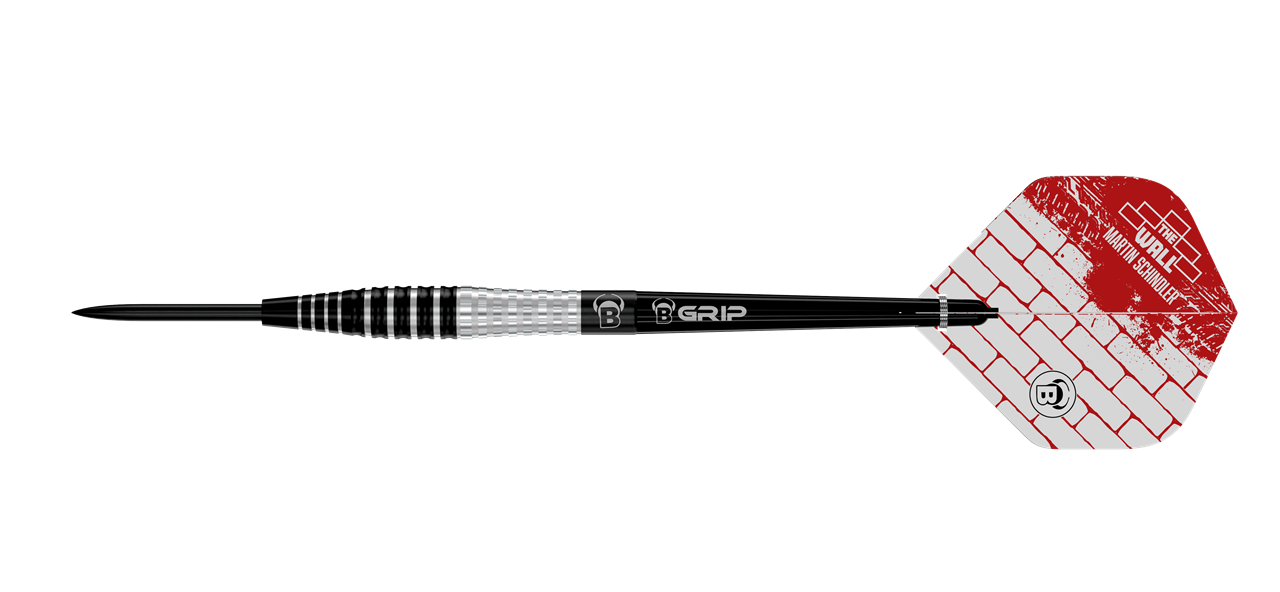 Das Bild zeigt einen BULL'S® Martin Schindler Generation 3 Steeldart mit 24g Gewicht. Der Dart hat einen silbernen und schwarzen Barrel sowie ein Flight mit rotem Mauer-Design und der Aufschrift "THE WALL Martin Schindler".