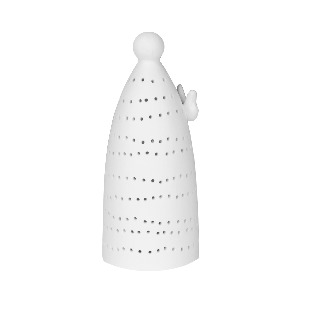 Dies ist eine weiße, konisch geformte Figur mit vielen kleinen Löchern. An der Seite befindet sich ein kleiner, erhobener Arm.