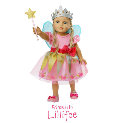 Auf dem Bild ist eine Puppe als Prinzessin verkleidet, mit Krone, Zauberstab und Flügeln. Unter der Puppe steht in pinker Schrift „Prinzessin Lillifee“.