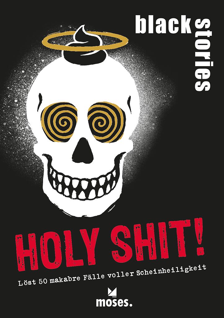 Zu sehen ist das Cover von 'Black Stories - Holy Shit!'. Es handelt sich um ein spannendes Rätselspiel.