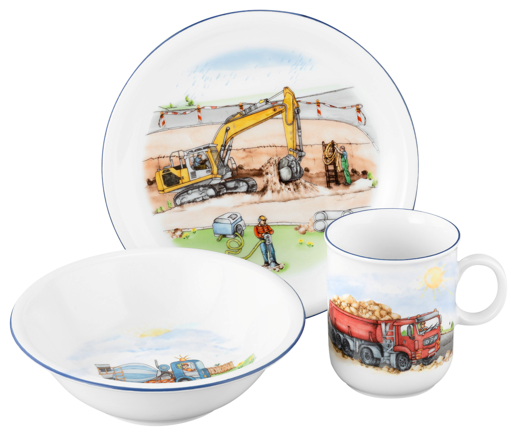 Ein 3-teiliges Kinderset mit dem Motiv „Auf der Baustelle“. Das Set wurde speziell für Kinder gestaltet.