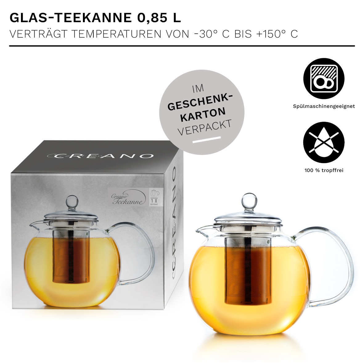 Die Abbildung zeigt eine Glas-Teekanne mit einem Fassungsvermögen von 0,85 Litern und passender Geschenkverpackung. Die Kanne ist spülmaschinengeeignet und zu 100 % tropffrei.