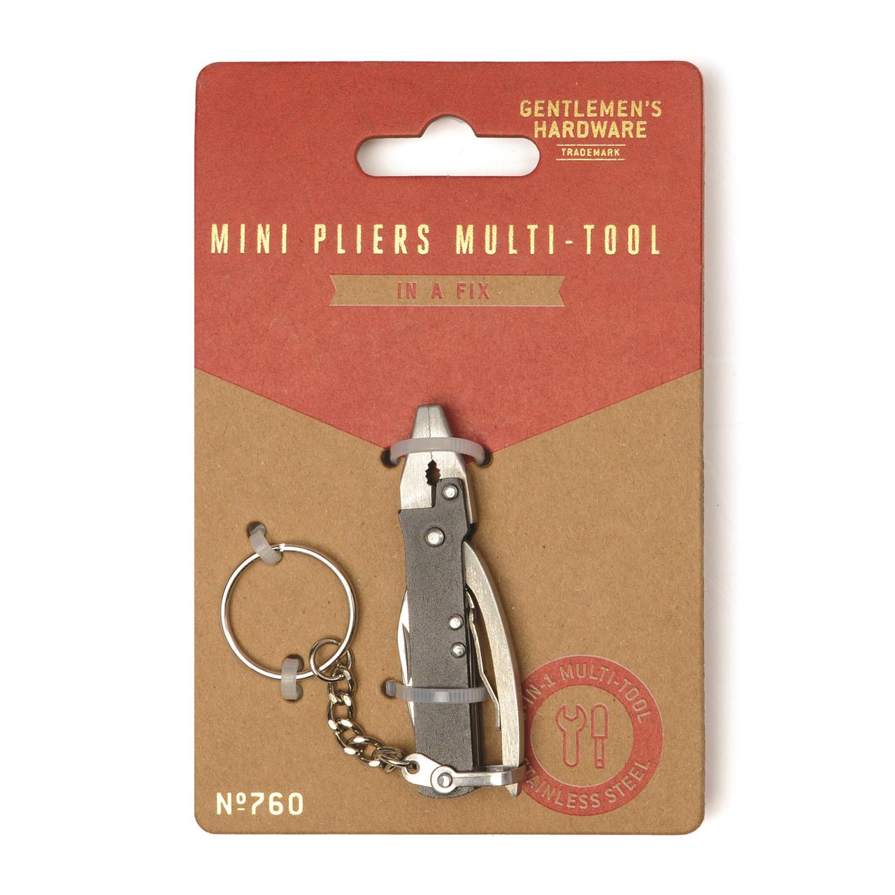 Das Bild zeigt ein Mini-Pinzett-Multitool, das an einer braunen und roten Verpackung befestigt ist. Das Multitool hat einen Schlüsselanhänger und ist aus Edelstahl gefertigt.
