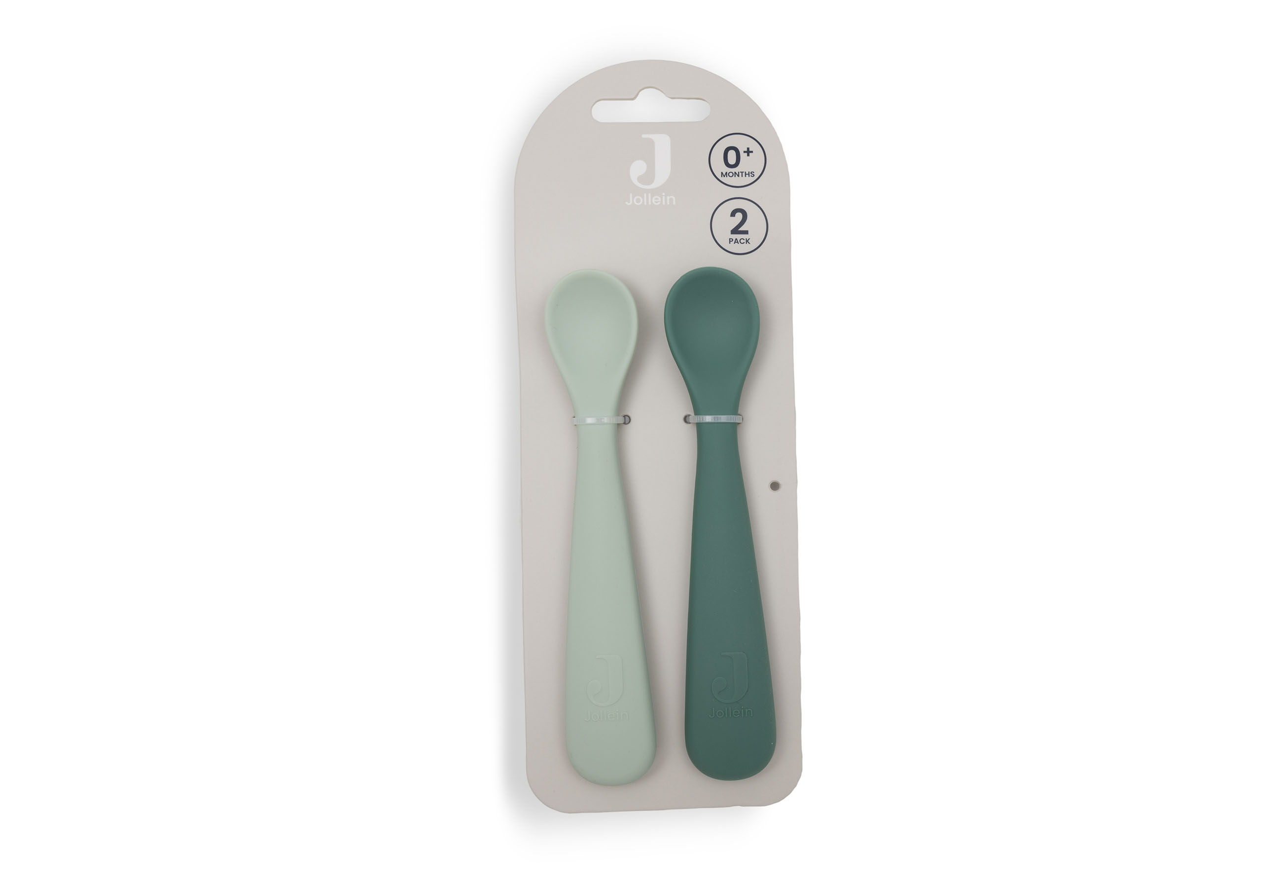 Zwei Silikonlöffel in Jade Shades sind auf diesem Bild zu sehen. Sie eignen sich ideal für Babys und Kleinkinder.