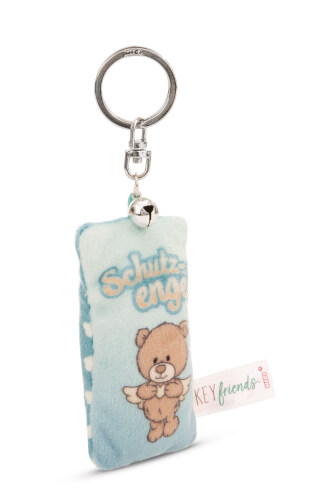 Auf dem Bild ist ein Schlüsselanhänger mit einem Plüschanhänger zu sehen. Der Anhänger zeigt einen braunen Bären mit Flügeln und der Aufschrift "Schutzengel".
