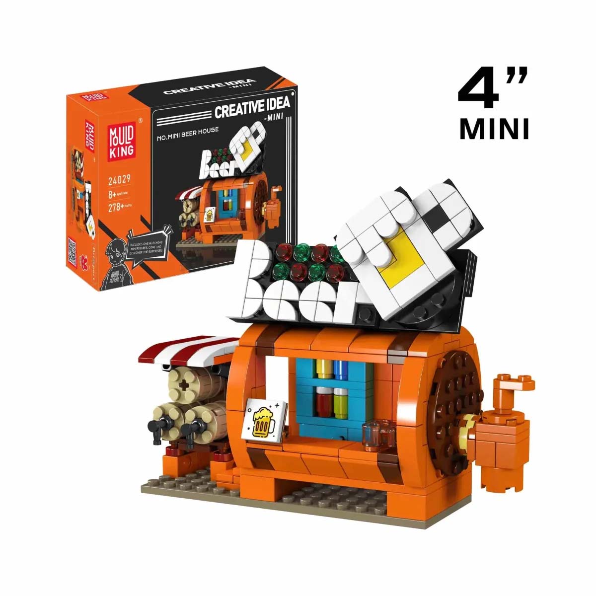Das Bild zeigt das Produkt "Mould King® 24029 Bierhaus", ein Mini-Baustein-Set in Form eines Bierhauses. Rechts im Bild ist das zusammengebaute Modell zu sehen, links die dazugehörige Verpackung.