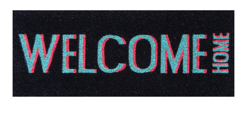 Abgebildet ist eine Fussmatte mit dem Motiv 'Welcome home' in Schwarz und Türkis. Die Matte wirkt einladend und modern.