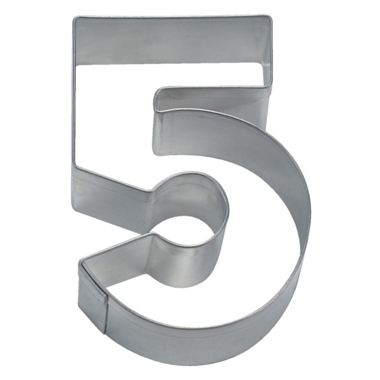 Das Bild zeigt einen Ausstecher in Form der Zahl 5 aus Edelstahl. Dieser Zahlenausstecher wird zum Backen oder Basteln verwendet.