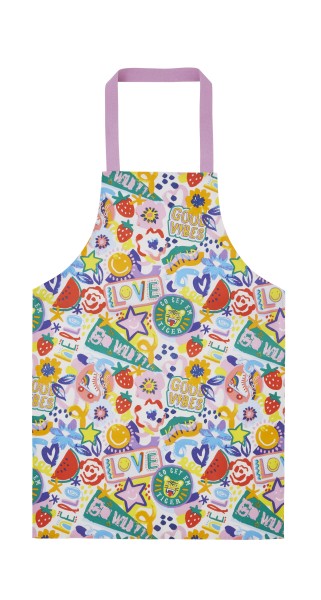 Die Abbildung zeigt eine bunte PVC-Schürze für Teenager mit dem Namen "Good Vibes". Das Muster besteht aus fröhlichen Motiven wie Smileys, Sternen, Früchten und Schriftzügen wie "LOVE" und "Good Vibes".