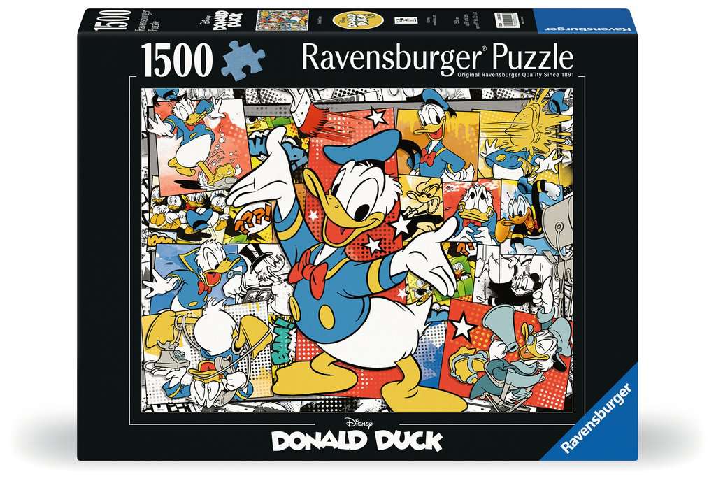 Das Bild zeigt die Verpackung eines Ravensburger Puzzles mit dem Motiv von Donald Duck. Das Puzzle besteht aus 1500 Teilen und zeigt verschiedene bunte Comic-Szenen mit Donald Duck.