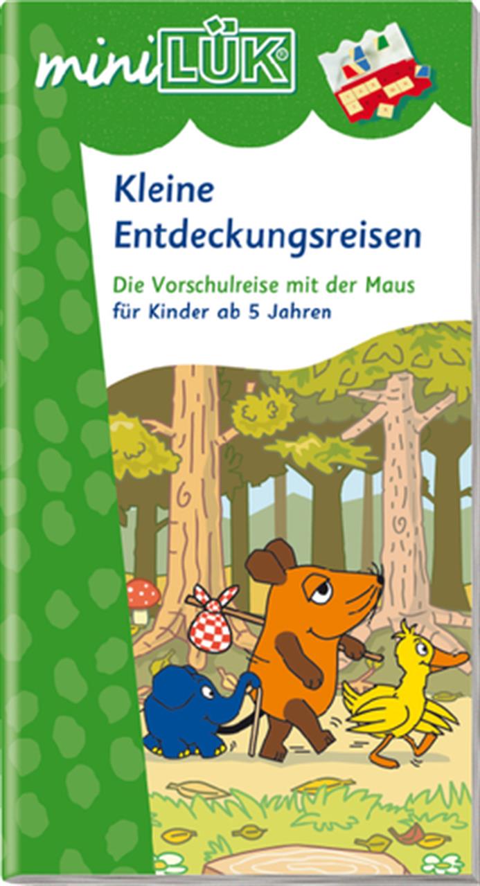 Auf dem Bild ist das Produkt „miniLÜK Kleine Entdeckungsreisen 5 Jahre“ zu sehen. Das Cover zeigt die Maus, den Elefanten und die Ente auf einem Spaziergang durch den Wald.