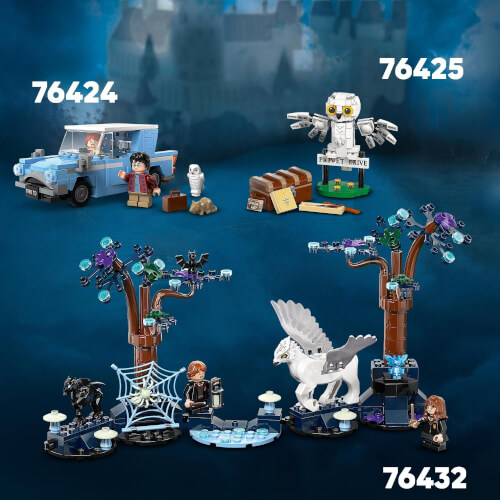 Das Bild zeigt drei verschiedene LEGO Harry Potter Sets mit den Nummern 76424, 76425 und 76432. Jedes Set enthält Figuren und typische Gegenstände aus der Harry Potter Welt.