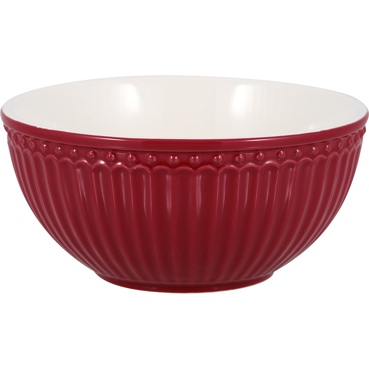 Die Abbildung zeigt eine Müslischale in der Farbe claret red aus der Serie Alice. Die Schale hat ein dekoratives, geriffeltes Muster und ist innen weiß.
