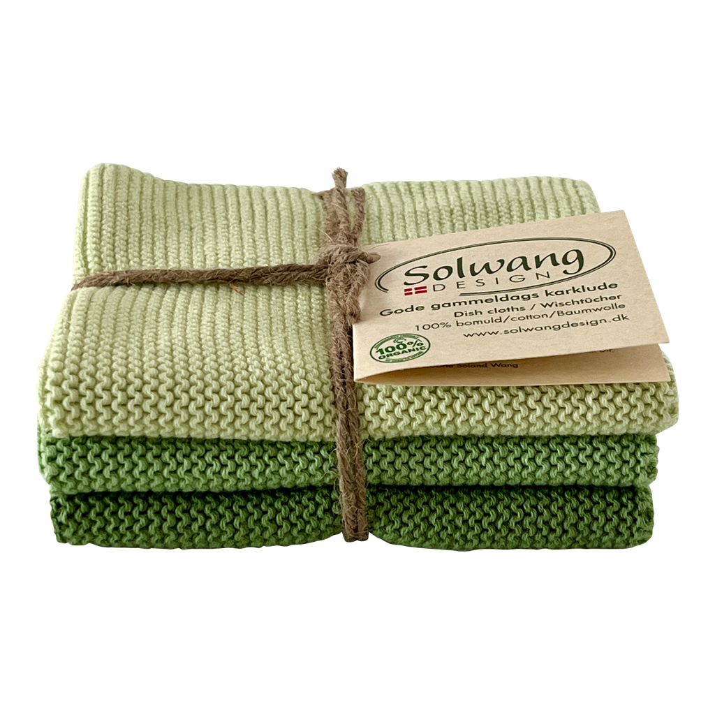 Spültücher Dreier-Set in staubigem Grün aus Bio-Baumwolle, 25x25 cm groß. Perfekt für den umweltfreundlichen Haushalt geeignet.