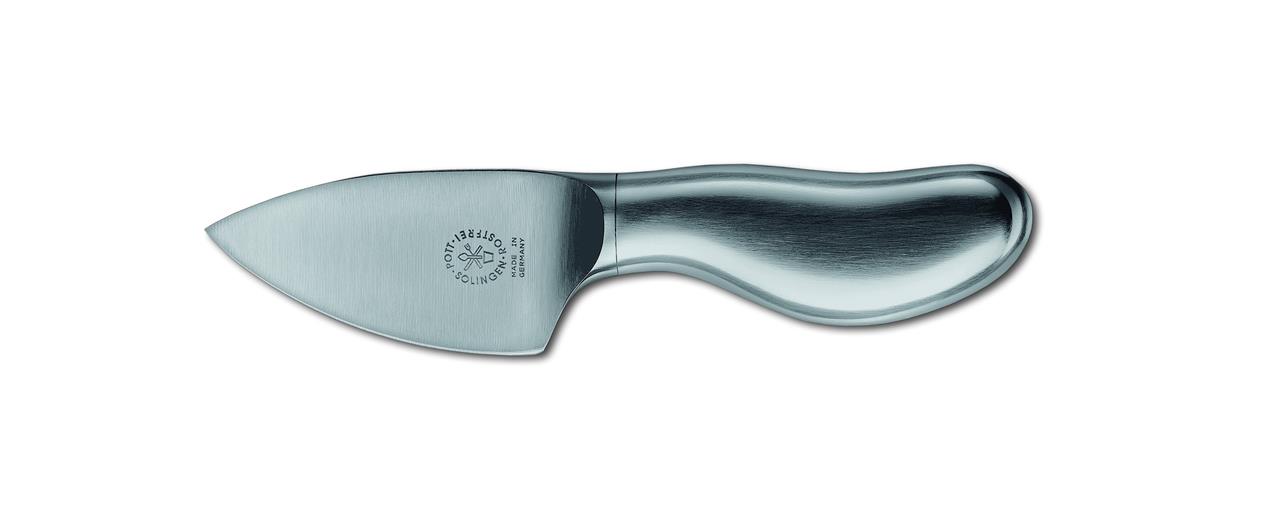 Das Bild zeigt ein Parmesan- bzw. Käsemesser aus Edelstahl mit einem robusten, ergonomisch geformten Griff. Die Klinge ist kurz, breit und eignet sich ideal zum Zerteilen harter Käsesorten.