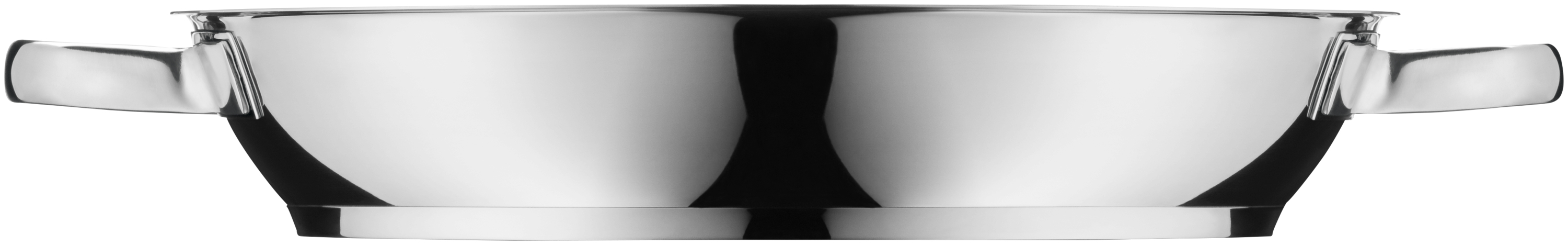 Auf dem Bild ist ein großer Kochtopf aus glänzendem Edelstahl zu sehen. Er hat zwei breite Griffe an den Seiten.