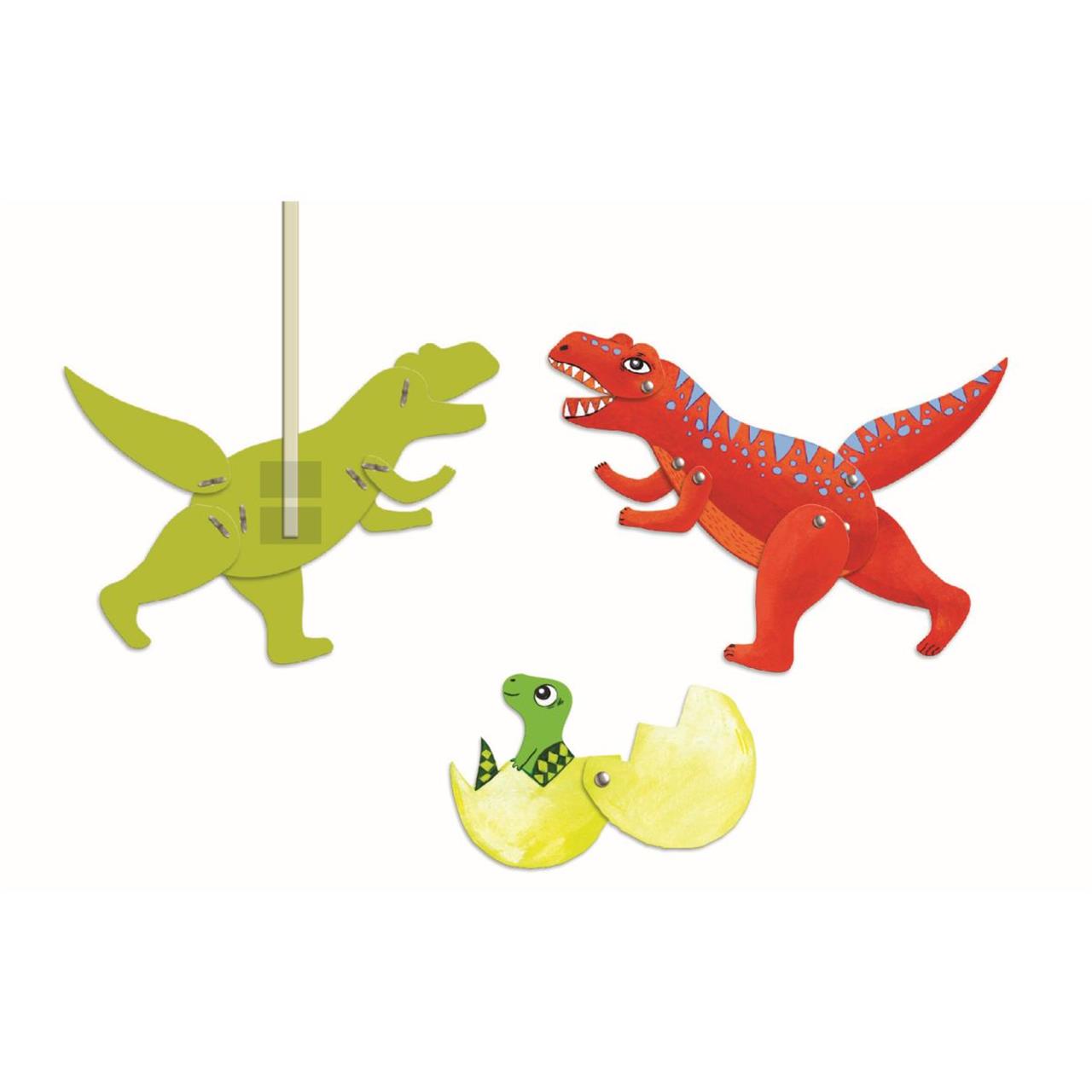 Das Bild zeigt bunte, bewegliche Dino-Hampelmänner aus Pappe. Ein kleiner Dino schlüpft aus einem Ei, während zwei größere Dinosaurier daneben stehen.