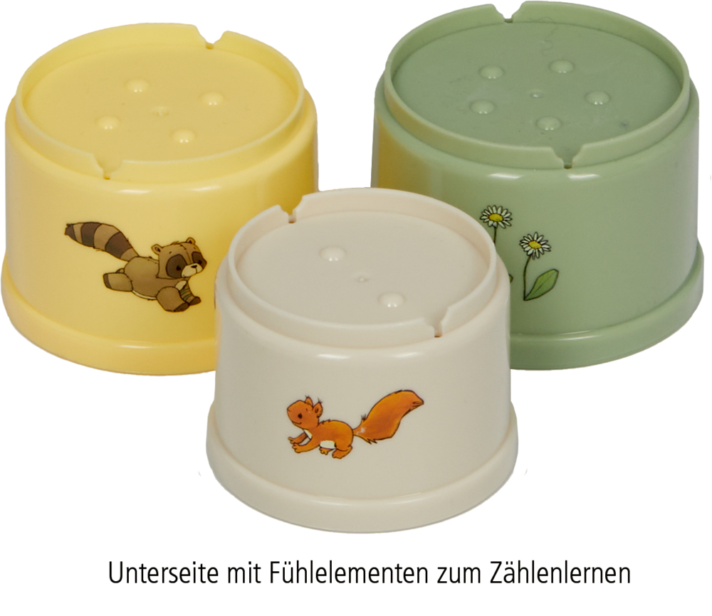 Hier wird das Produkt 'Liebling Tourlonias - Stapelbecher' präsentiert. Die bunten Becher laden zum kreativen Spielen ein.
