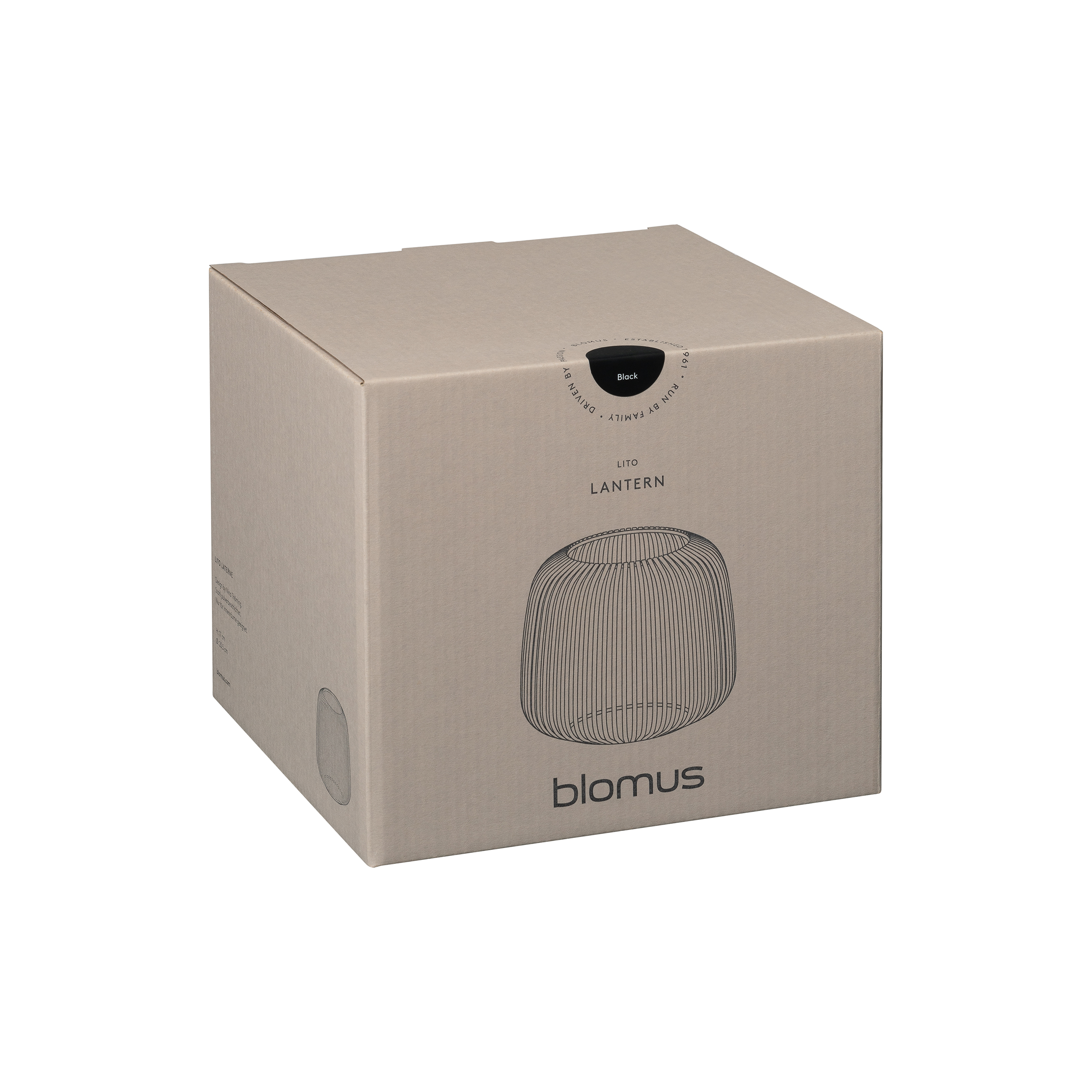 Auf dem Bild ist eine Verpackung für eine Laterne zu sehen. Auf der Schachtel steht "blomus LITO LANTERN" und es ist eine Skizze der Laterne abgebildet.