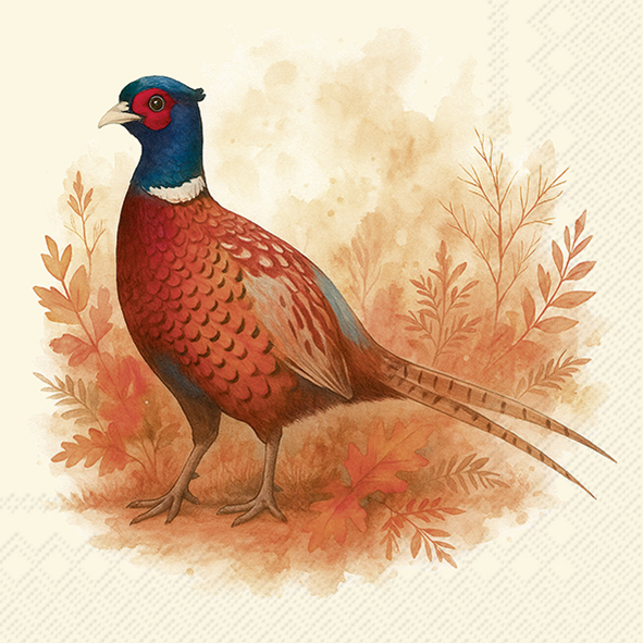 Pheasant Field cream Lunch-Servietten zeigen ein cremefarbenes Motiv mit Fasanen und Naturmotiven. Sie sind für Mittagessen und elegante Anlässe gedacht.