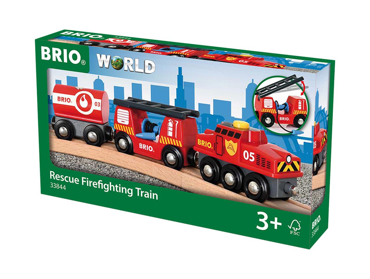 Das Bild zeigt das Produkt "BRIO® World Feuerwehr-Löschzug 33844" in seiner Verpackung. Der rote Löschzug ist für Kinder ab 3 Jahren geeignet.