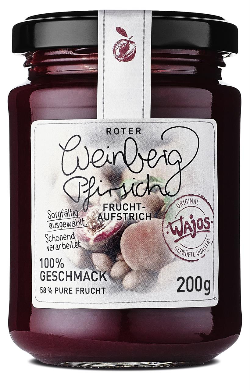Das Bild zeigt ein Glas "Roter Weinbergpfirsich Fruchtaufstrich" von Wajos. Das Produkt enthält 195g Fruchtaufstrich mit 58% purem Fruchtanteil.