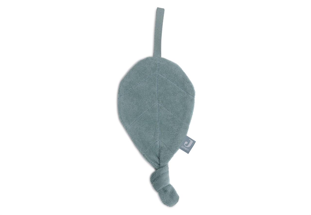 Das Bild zeigt ein Schmusetuch aus Frottee in der Farbe Sea Green. Das Tuch hat eine Blattform mit einer Schlaufe oben und einem Knoten unten.