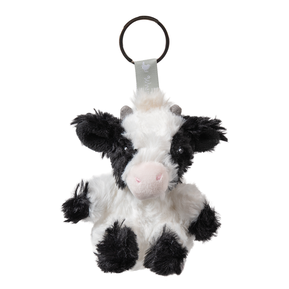 Zu sehen ist ein Schlüsselring mit einem Plüschanhänger in Form einer schwarz-weißen Holstein Kuh namens Mathilda. Der Anhänger ist weich und eignet sich ideal als dekorativer Schlüsselbund.