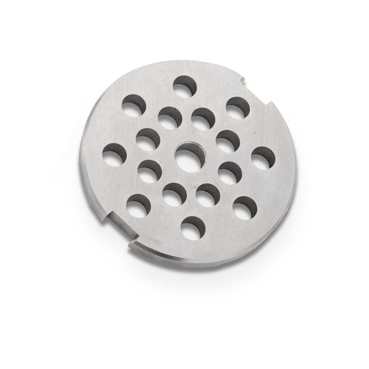 Das Bild zeigt eine Metallscheibe mit mehreren runden Löchern, die als Teil eines Fleischwolfs dient. Dieses Zubehör wird zum Zerkleinern von Fleisch verwendet.