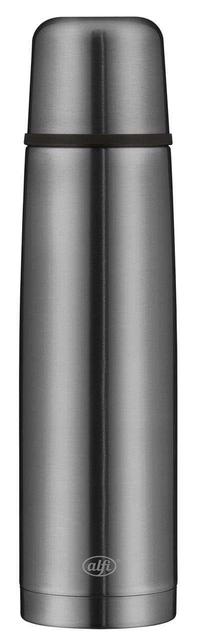 Die Abbildung zeigt eine graue Isolierflasche mit einem Fassungsvermögen von 1,0 Litern. Die Flasche hat ein schlichtes, modernes Design aus Edelstahl.