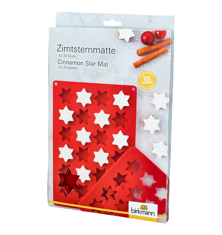 Die Zimtsternmatte, 2-teilige für 24 Stück, ist auf diesem Foto zu sehen. Das Produkt erleichtert das Backen von Zimtsternen.