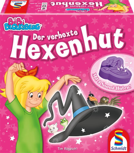Auf dem Bild ist das Spiel "Bibi Blocksberg: Der verhext Hexenhut" zu sehen. Eine fröhliche Hexe hält einen großen schwarzen Hexenhut, und um sie herum sind Tiere und magische Sterne abgebildet.