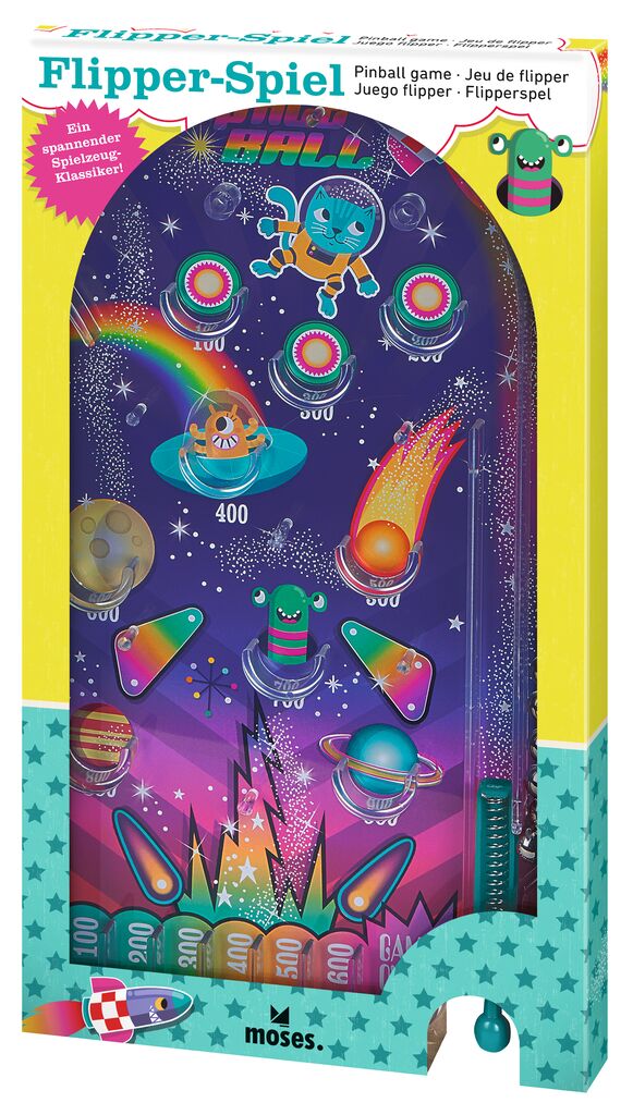Das Bild zeigt das Produkt "Flipper-Spiel Space Ball" in einer bunten Verpackung mit Weltraum-Motiven und niedlichen Figuren. Es handelt sich um ein kleines Pinball-Spiel für Kinder.