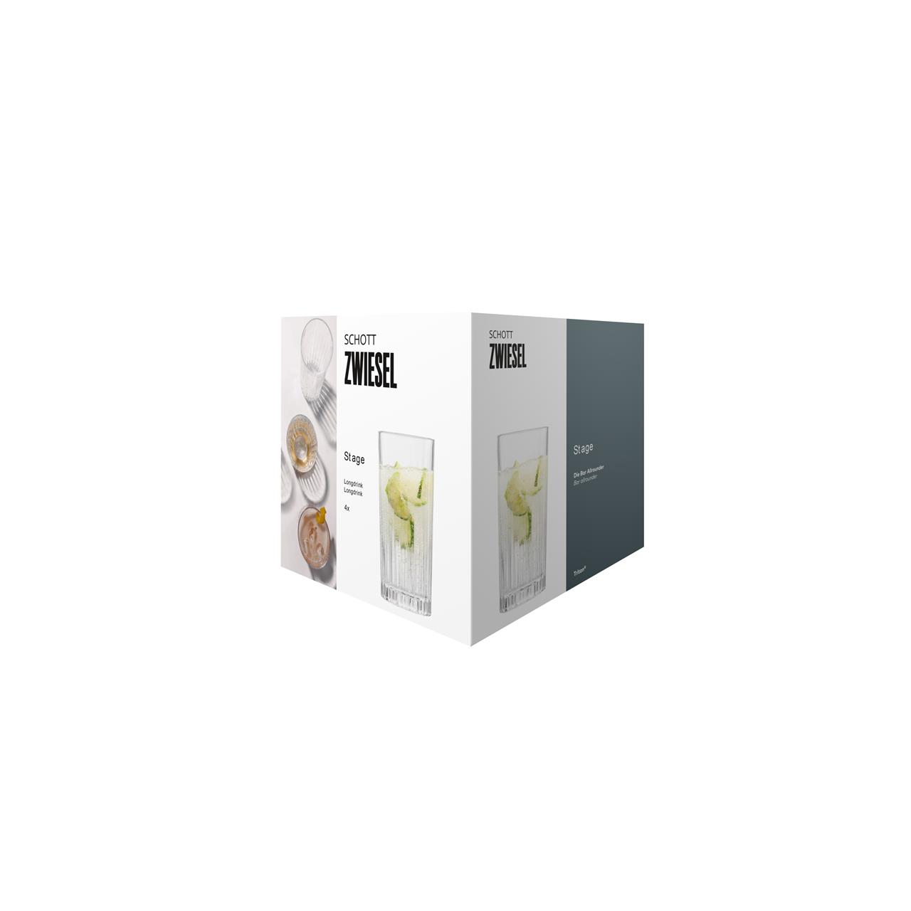 Die Abbildung zeigt eine Verpackung des Produkts "4er Longdrink 79 Stage" von Schott Zwiesel. Auf der Verpackung sind Longdrinkgläser mit Getränken abgebildet.