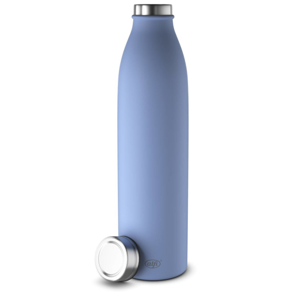 Eine hellblaue Isolierflasche ist abgebildet. Sie steht aufrecht und wirkt stabil.