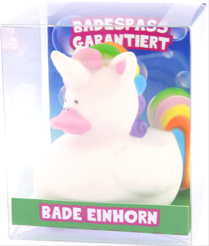 In der Verpackung befindet sich eine Badeente in Form eines Einhorns. Auf der Schachtel steht „Badespaß garantiert“ und „Bade Einhorn“.