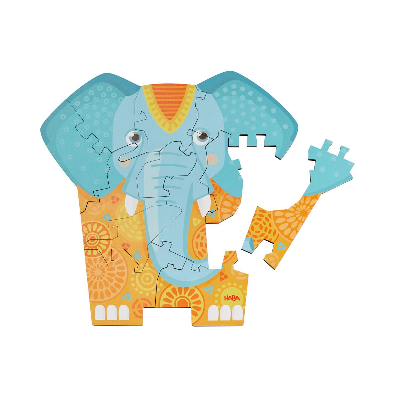 Das Bild zeigt ein buntes Elefanten-Puzzle mit fehlenden Teilen. Das Puzzle trägt den Namen „Puzzle 2 in1, Elefant“.