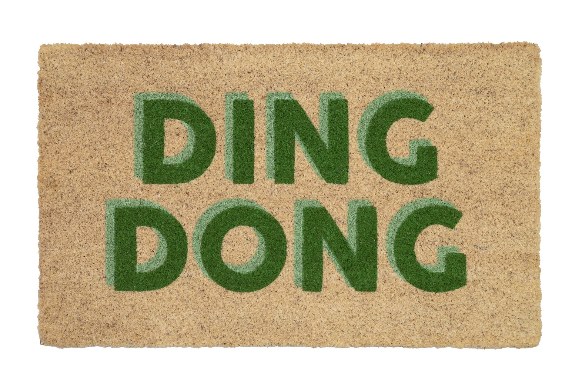 Zu sehen ist eine Fußmatte mit dem Spruch 'Ding Dong' in Naturfarbe. Die Matte ist funktional und dekorativ zugleich.