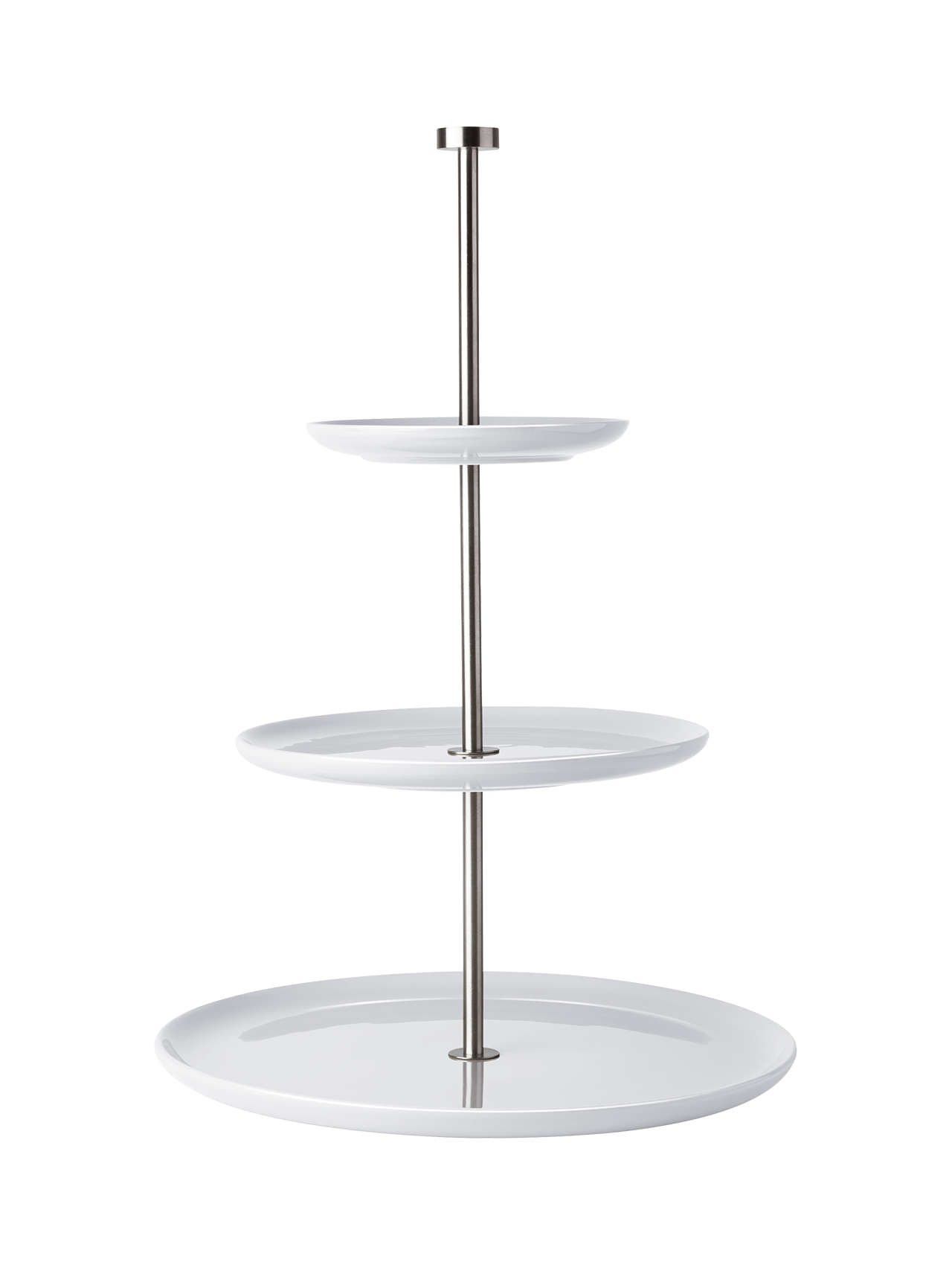 Das Bild zeigt eine dreistöckige Etagere mit weißen Tellern und einem Metallstab in der Mitte. Sie eignet sich zum Servieren von Kuchen, Gebäck oder Obst.